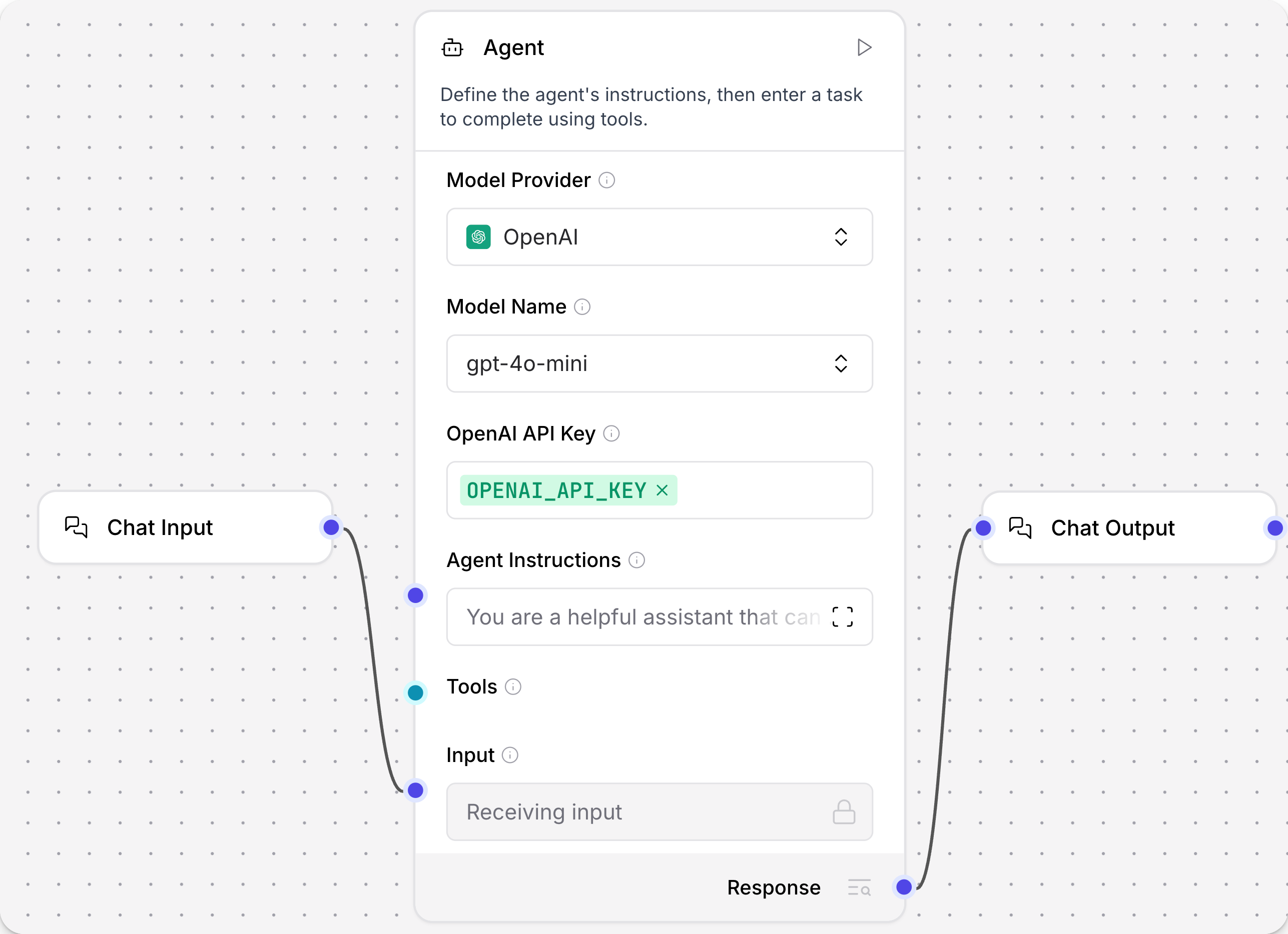 A basic agent chat flow with Chat Input, Agent, and Chat Output components.