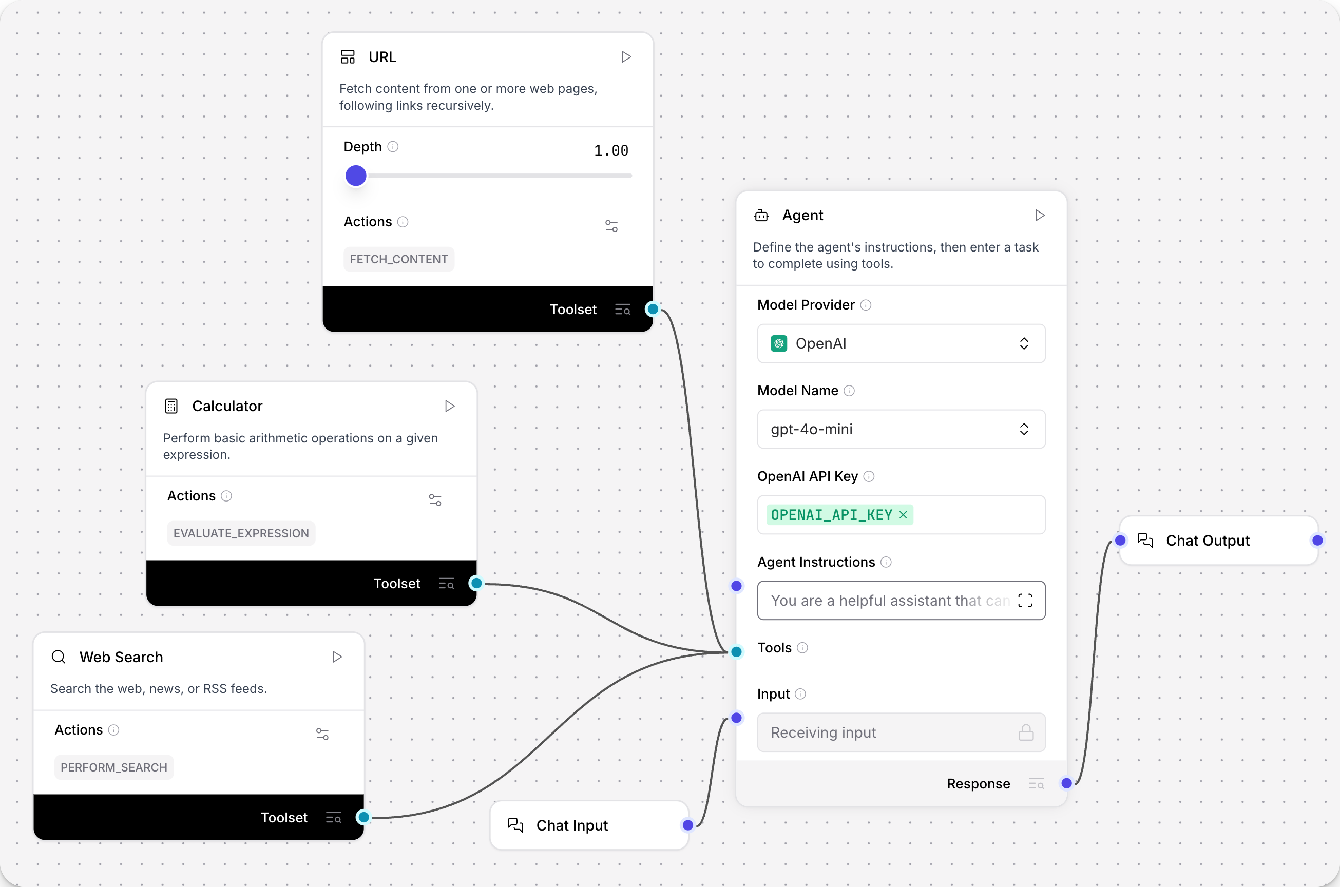 A more complex agent chat flow where three components are connected to the Agent component as tools