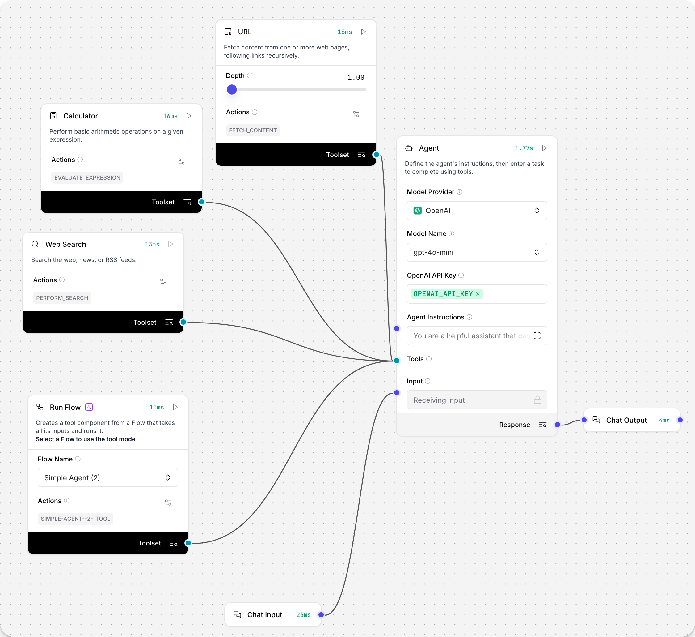 Run Flow component connected to an Agent component as a tool
