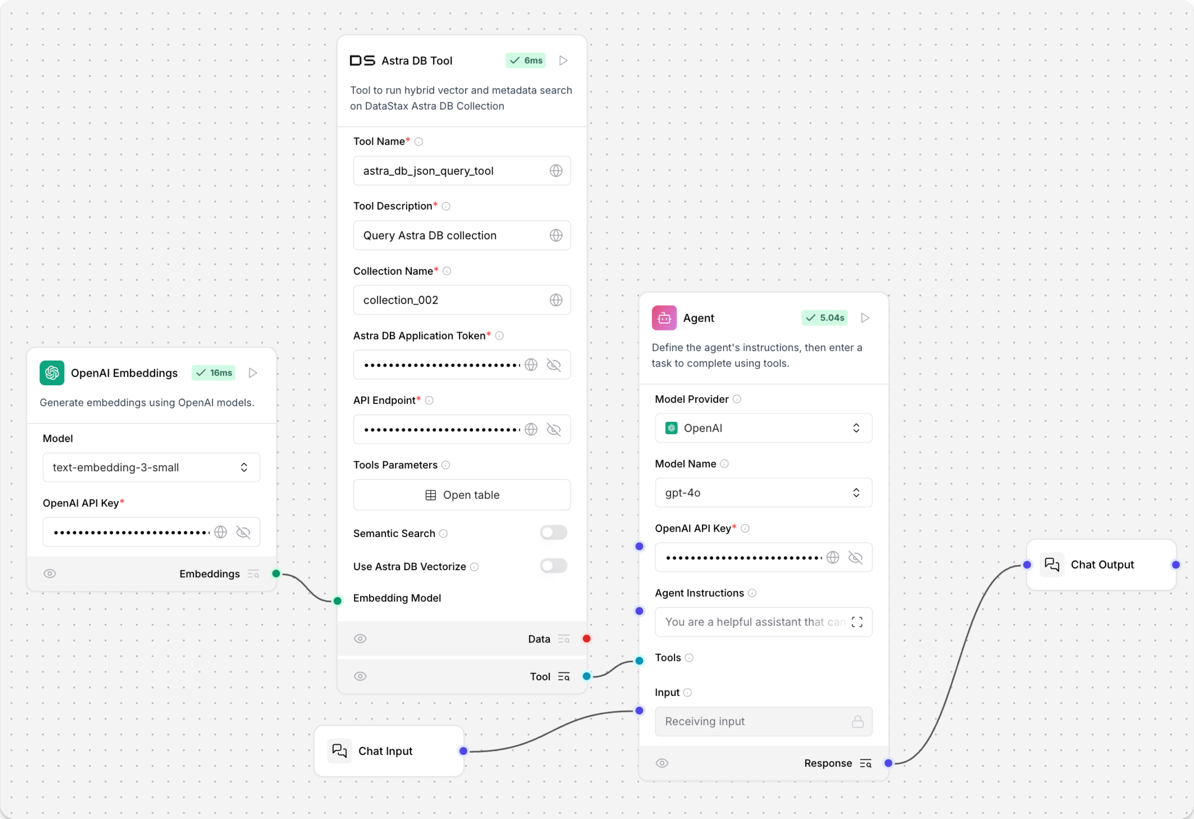 Astra DB JSON tool connected to an Agent