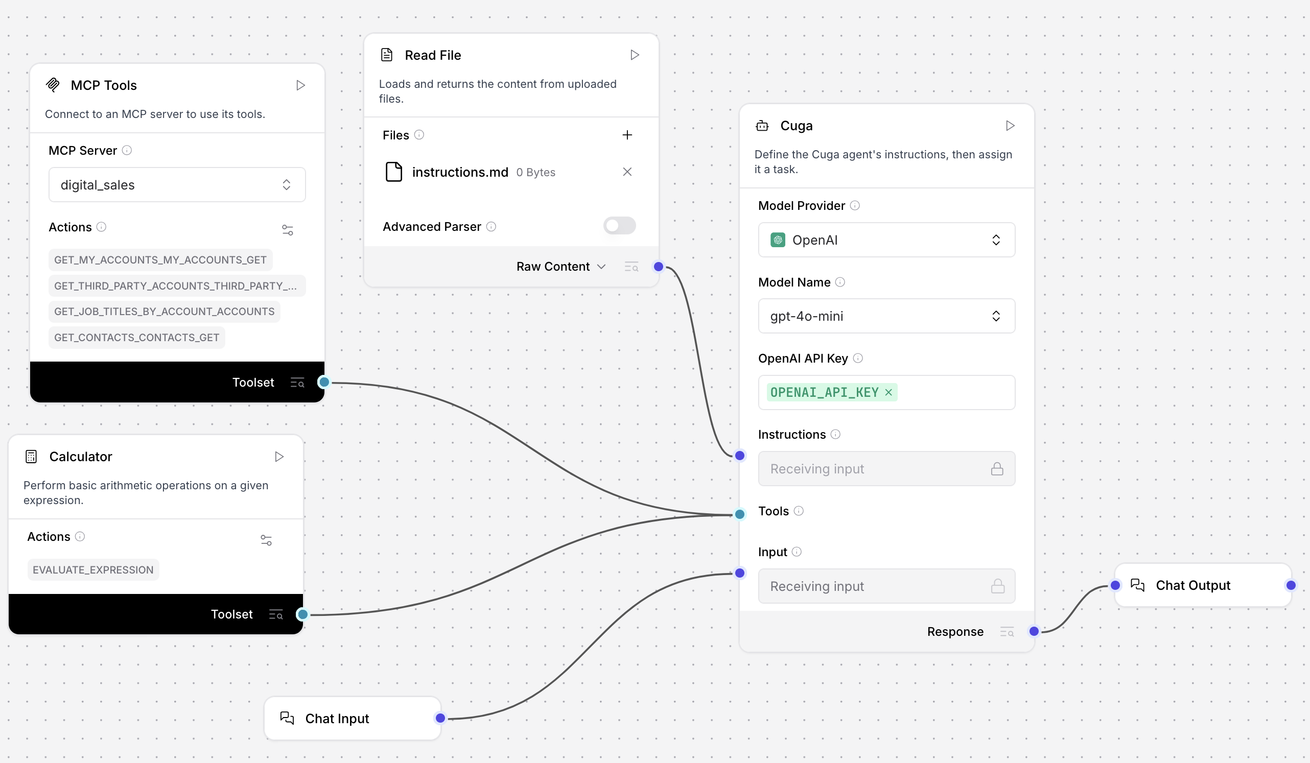 A basic agent chat flow with Chat Input, CUGA, and Chat Output components, as well as various tool and file input.