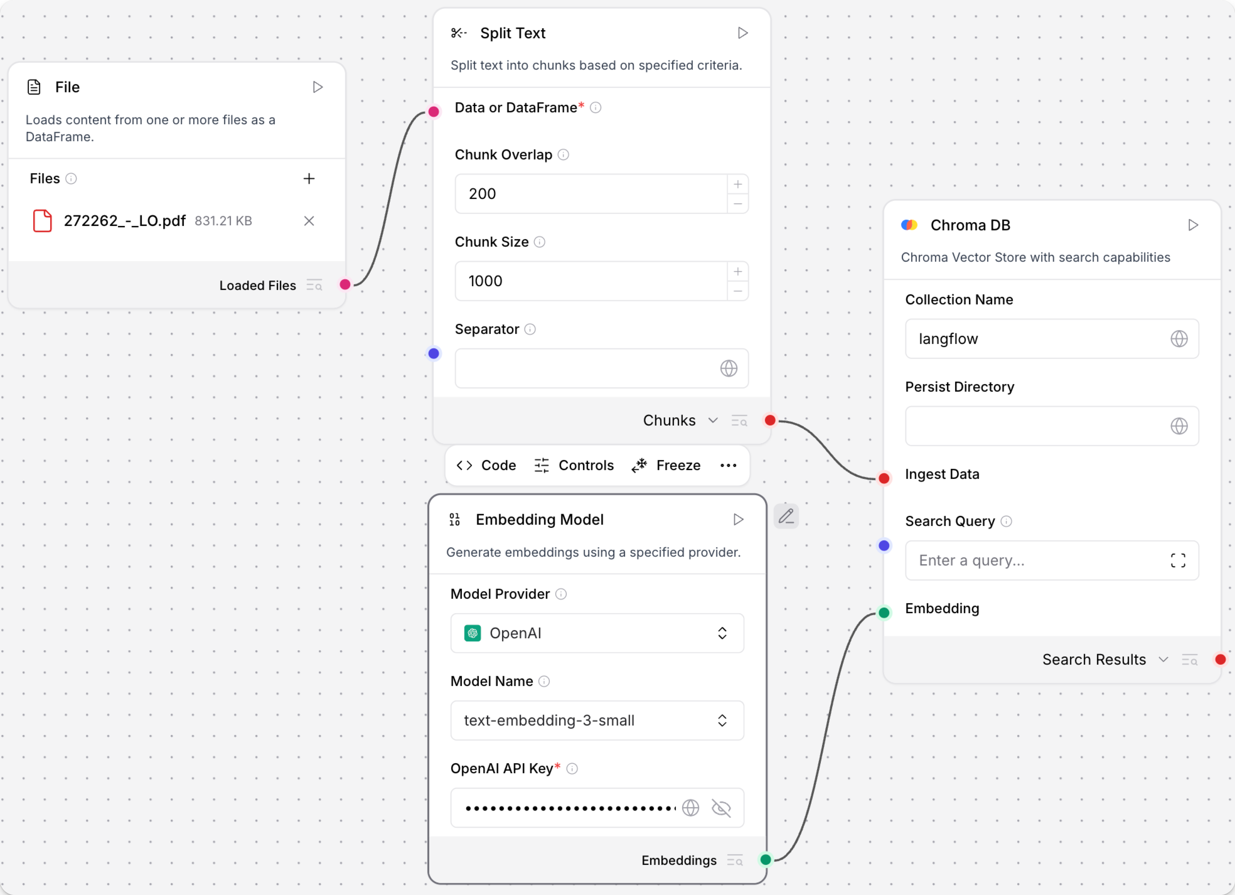 Embeddings connected to Chroma DB vector store with a file loader and a split text component