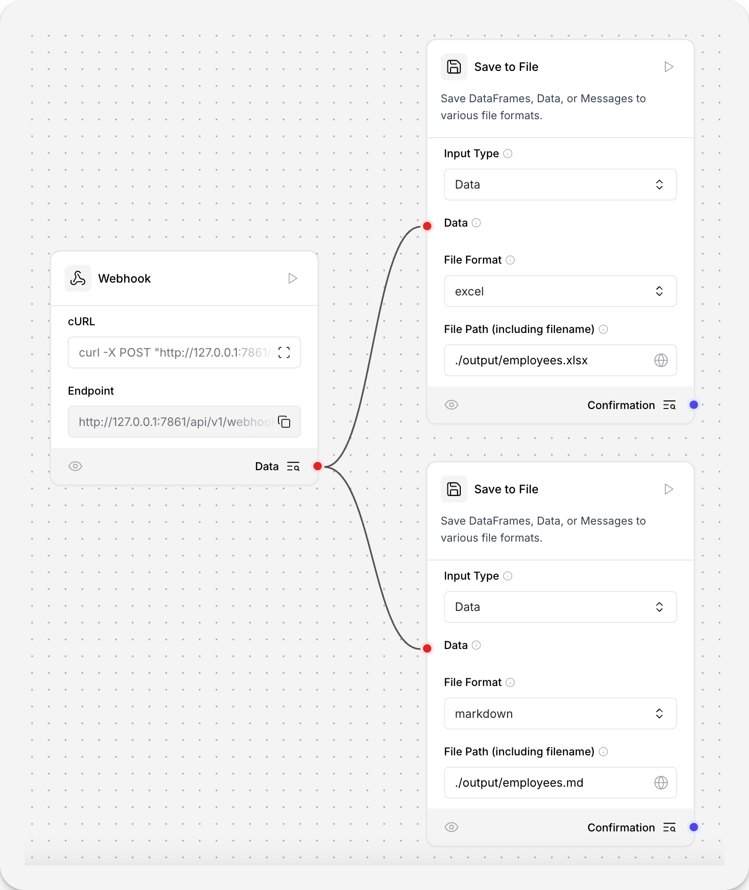 Two Save-to File components connected to a webhook