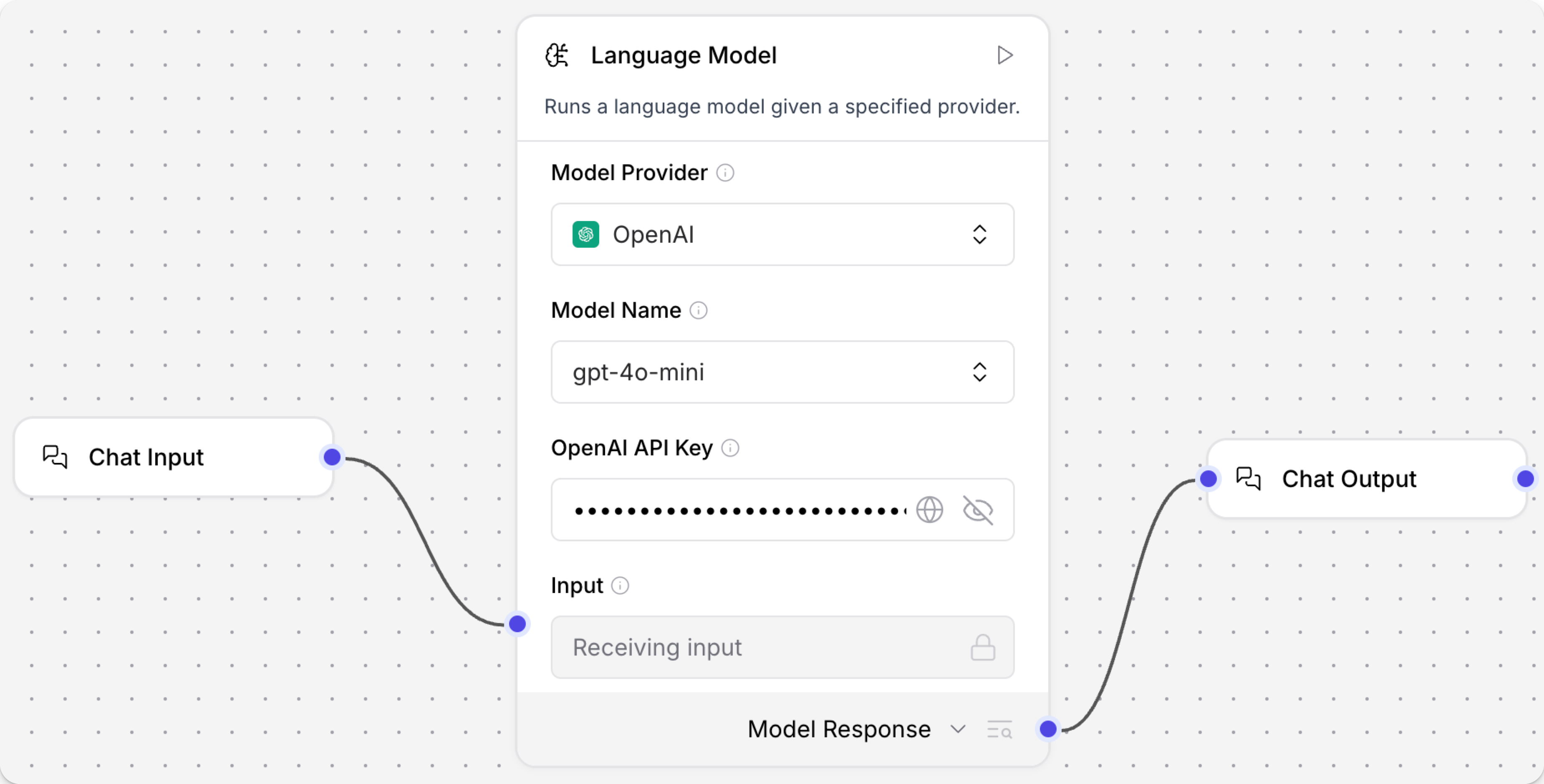 Chat input and output connected to Language model component