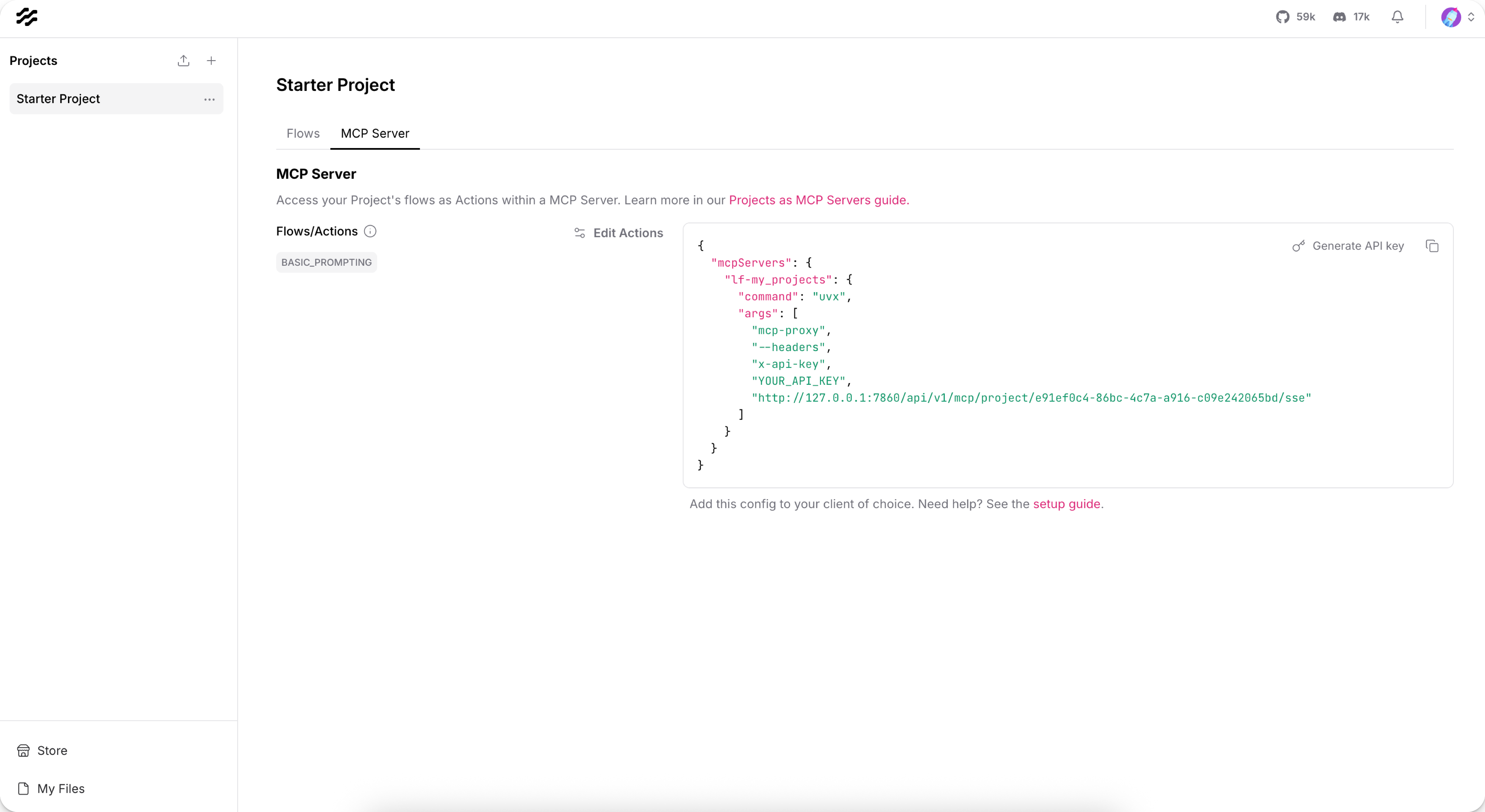 MCP server tab showing Generate API key button