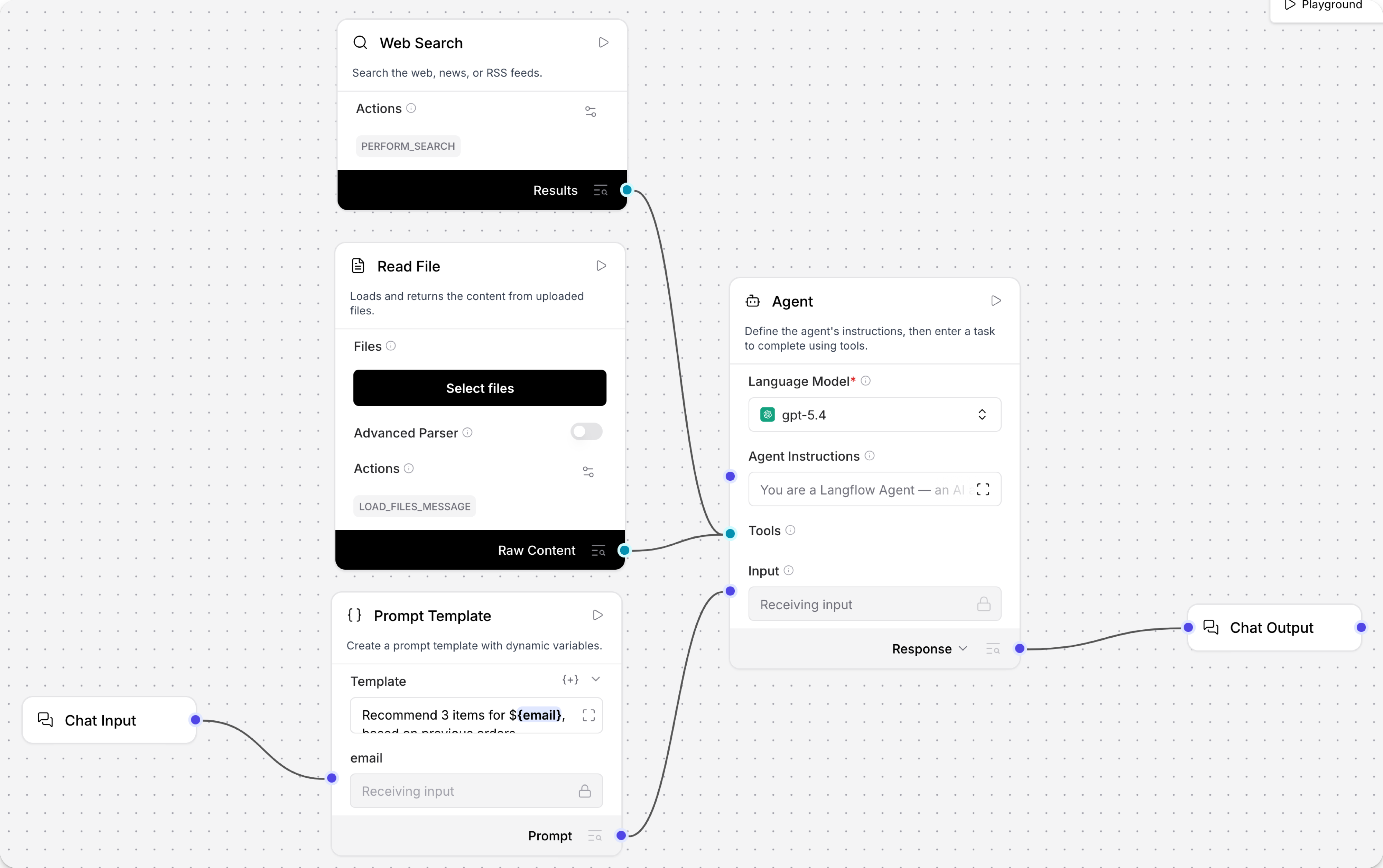 An Agent component connected to Read File and Web Search components as tools